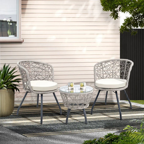 Gardeon 3PC Bistro Set Outdoor Furniture Rattan Table Chairs Patio Garden Cushion Grey - Flea Market