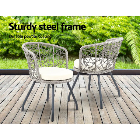 Gardeon 3PC Bistro Set Outdoor Furniture Rattan Table Chairs Patio Garden Cushion Grey - Flea Market