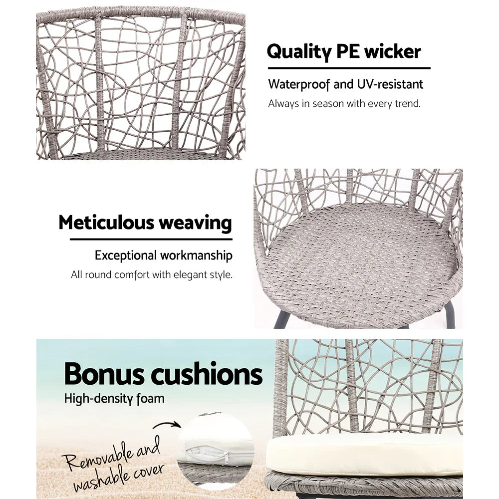 Gardeon 3PC Bistro Set Outdoor Furniture Rattan Table Chairs Patio Garden Cushion Grey - Flea Market