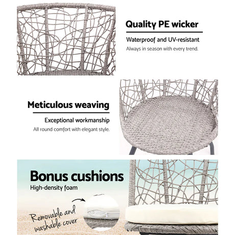 Gardeon 3PC Bistro Set Outdoor Furniture Rattan Table Chairs Patio Garden Cushion Grey - Flea Market