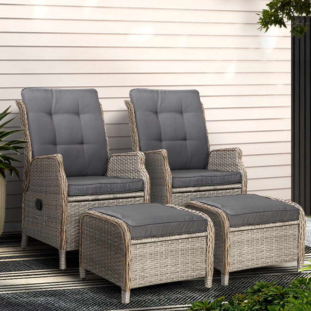 Gardeon 2PC Chair Sun lounge Wicker Lounger Outdoor Furniture with leg stool- Grey