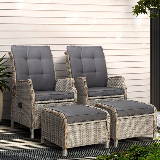 Gardeon 2PC Chair Sun lounge Wicker Lounger Outdoor Furniture with leg stool- Grey