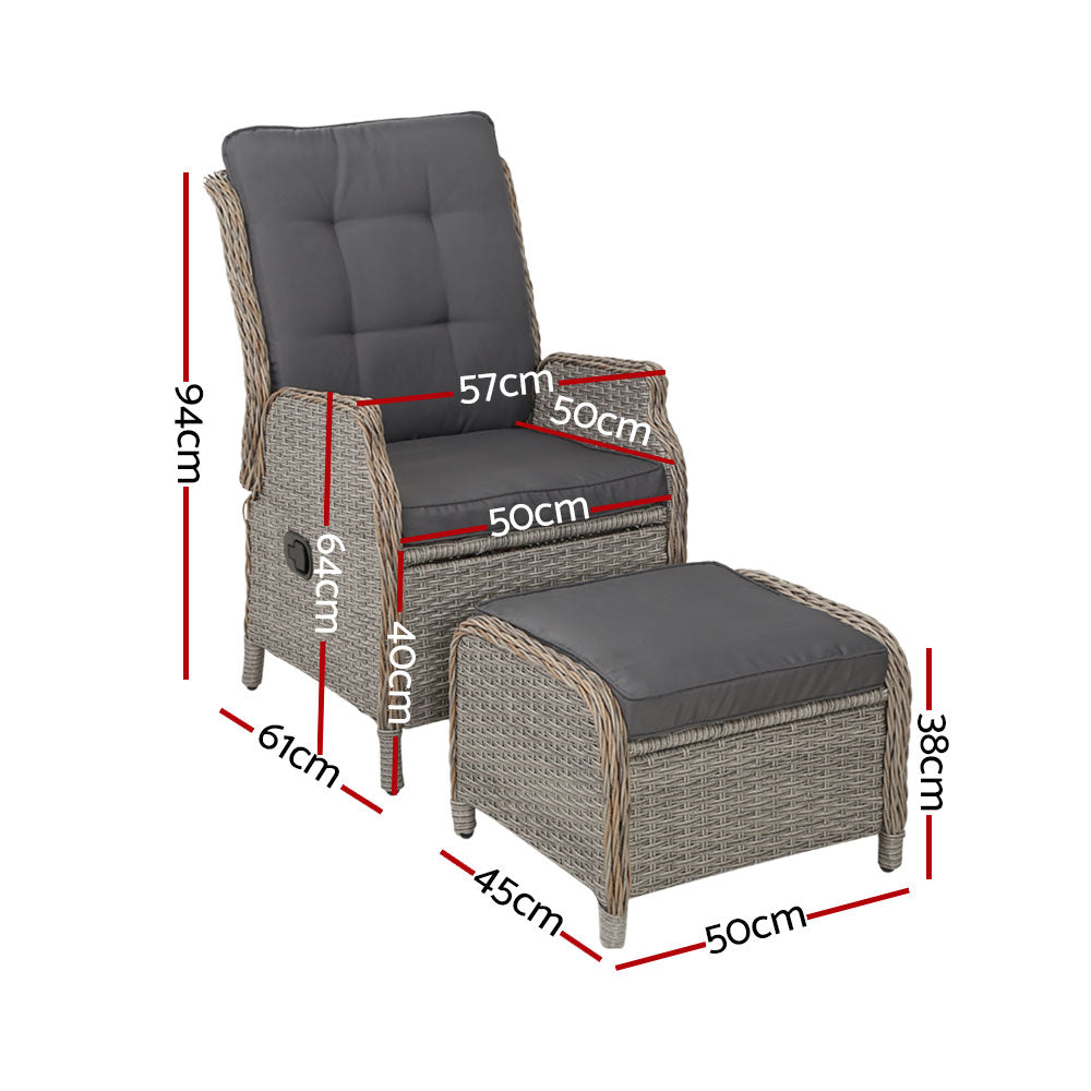 Gardeon 2PC Chair Sun lounge Wicker Lounger Outdoor Furniture with leg stool- Grey