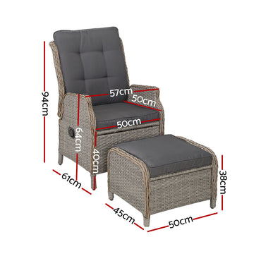 Gardeon 2PC Chair Sun lounge Wicker Lounger Outdoor Furniture with leg stool- Grey