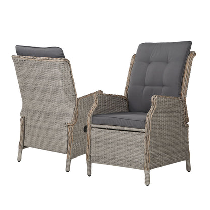 Gardeon 2PC Chair Sun lounge Wicker Lounger Outdoor Furniture with leg stool- Grey