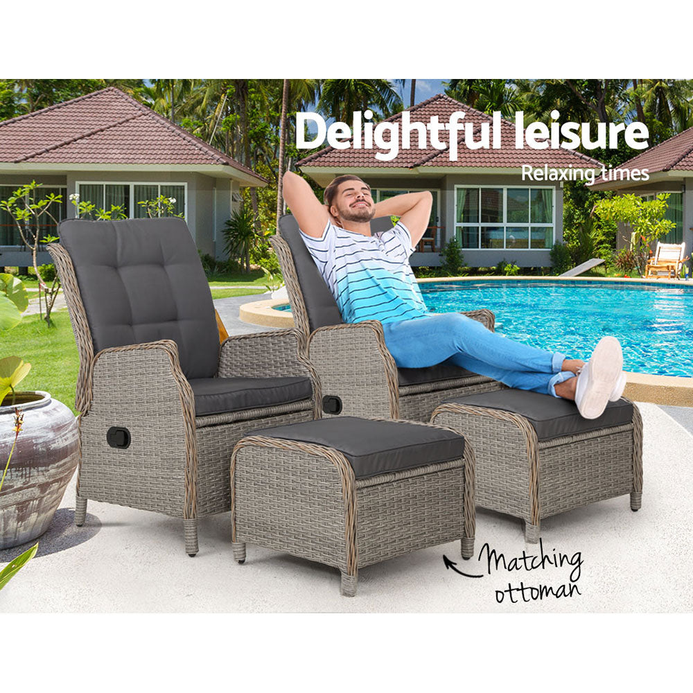 Gardeon 2PC Chair Sun lounge Wicker Lounger Outdoor Furniture with leg stool- Grey