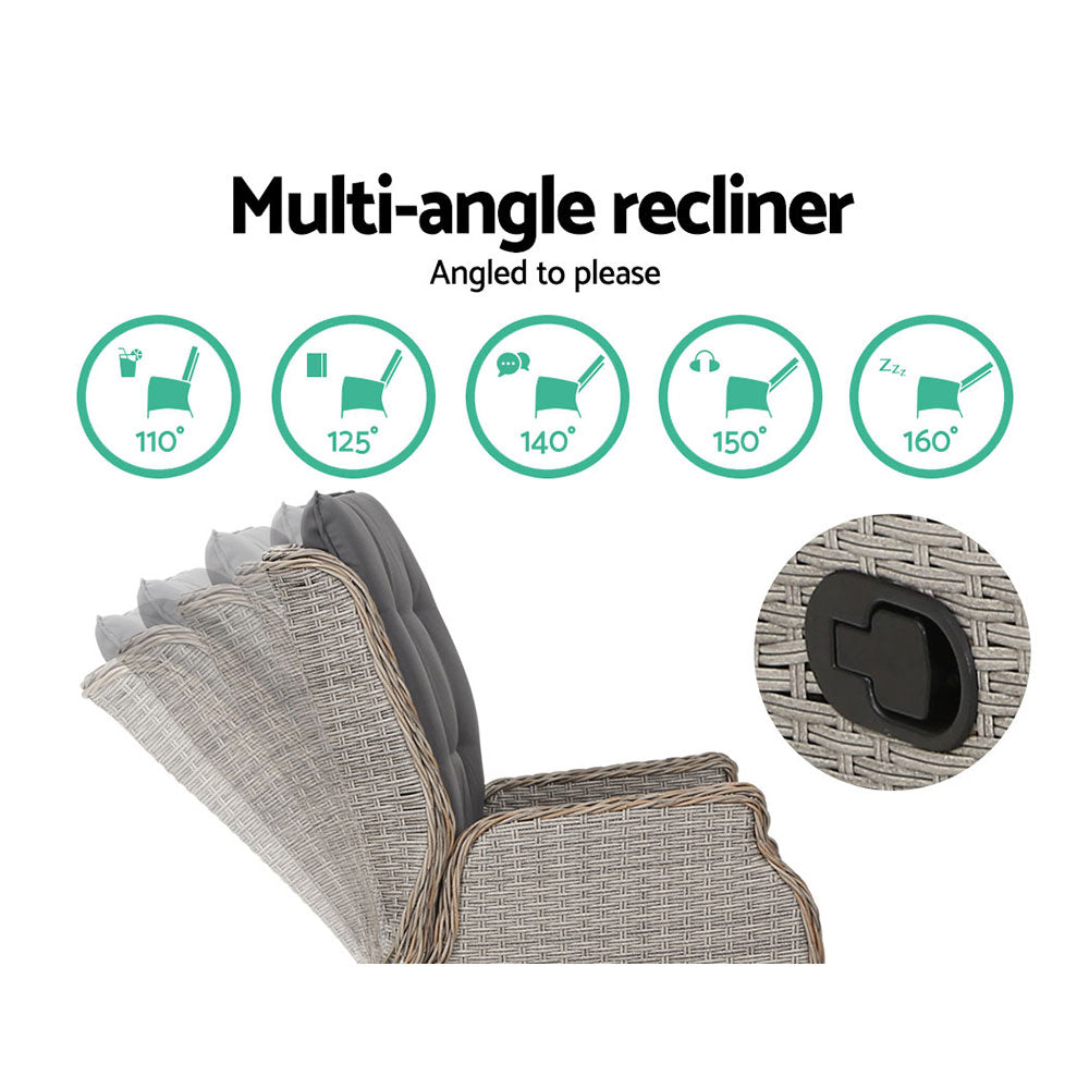 Gardeon 2PC Chair Sun lounge Wicker Lounger Outdoor Furniture with leg stool- Grey