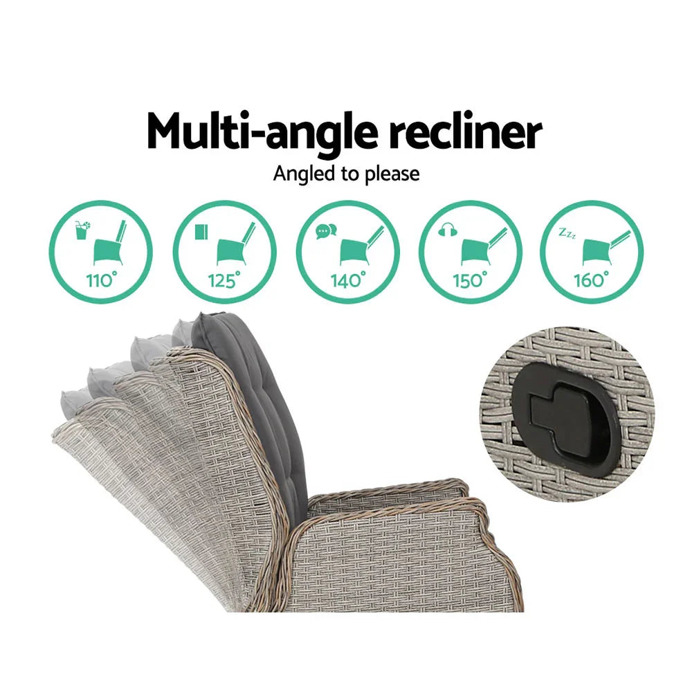 Gardeon 2PC Chair Sun lounge Wicker Lounger Outdoor Furniture with leg stool- Grey - Flea Market