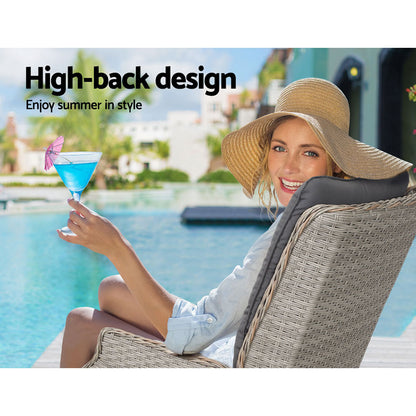 Gardeon 2PC Chair Sun lounge Wicker Lounger Outdoor Furniture with leg stool- Grey