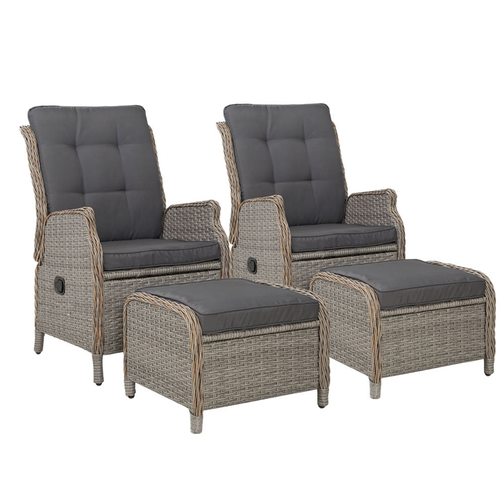 Gardeon 2PC Chair Sun lounge Wicker Lounger Outdoor Furniture with leg stool- Grey