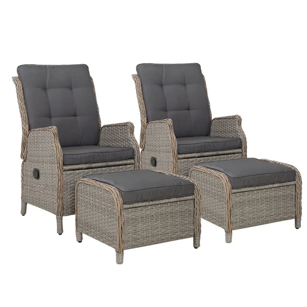 Gardeon 2PC Chair Sun lounge Wicker Lounger Outdoor Furniture with leg stool- Grey - Flea Market