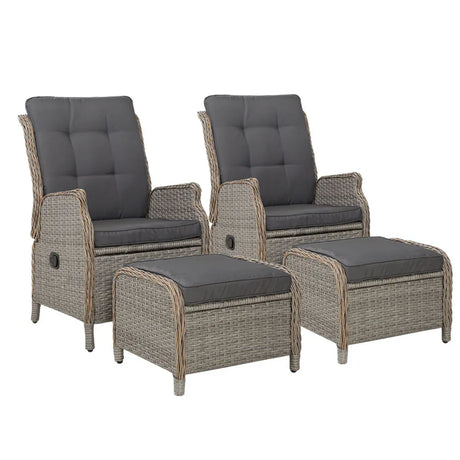 Gardeon 2PC Chair Sun lounge Wicker Lounger Outdoor Furniture with leg stool- Grey - Flea Market