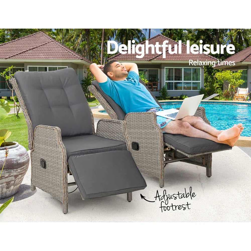 Gardeon 2PC Recliner Chairs Sun lounge Wicker Lounger Outdoor Furniture Adjustable Grey - Flea Market