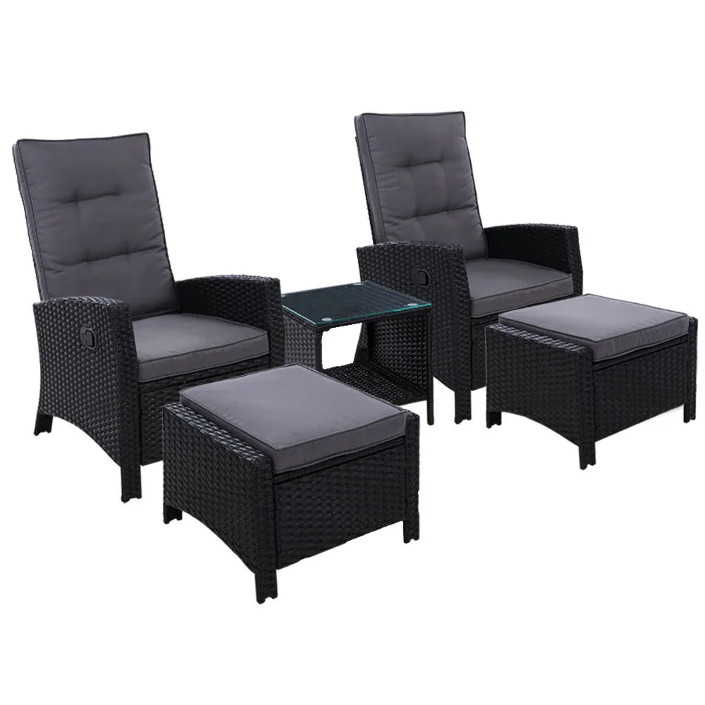 Gardeon 5PC Recliner Chairs Table Sun lounge Wicker Outdoor Furniture Adjustable Black - Flea Market