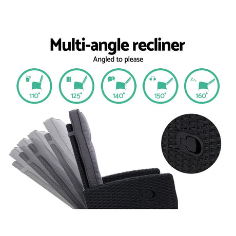 Gardeon 5PC Recliner Chairs Table Sun lounge Wicker Outdoor Furniture Adjustable Black - Flea Market