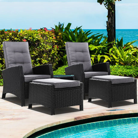 Gardeon 5PC Recliner Chairs Table Sun lounge Wicker Outdoor Furniture Adjustable Black - Flea Market