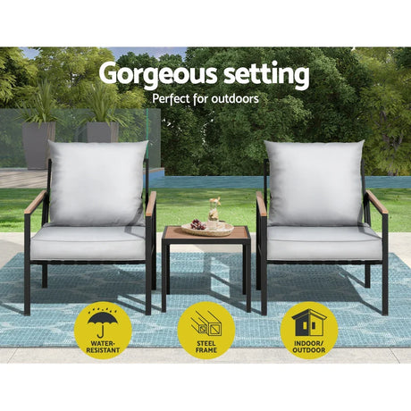 Gardeon 3PC Outdoor Furniture Bistro Set Lounge Setting Chairs Table Patio Black - Flea Market