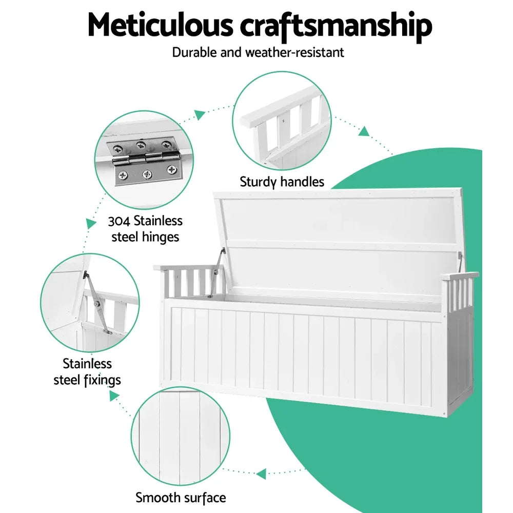 Gardeon Outdoor Storage Bench Box 129cm Wooden Garden Toy Chest Sheds Patio Furniture XL White - Flea Market
