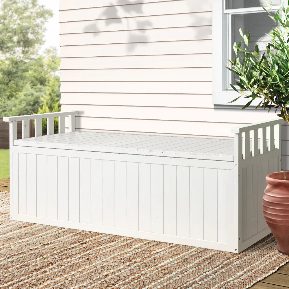 Gardeon Outdoor Storage Bench Box 129cm Wooden Garden Toy Chest Sheds Patio Furniture XL White - Flea Market