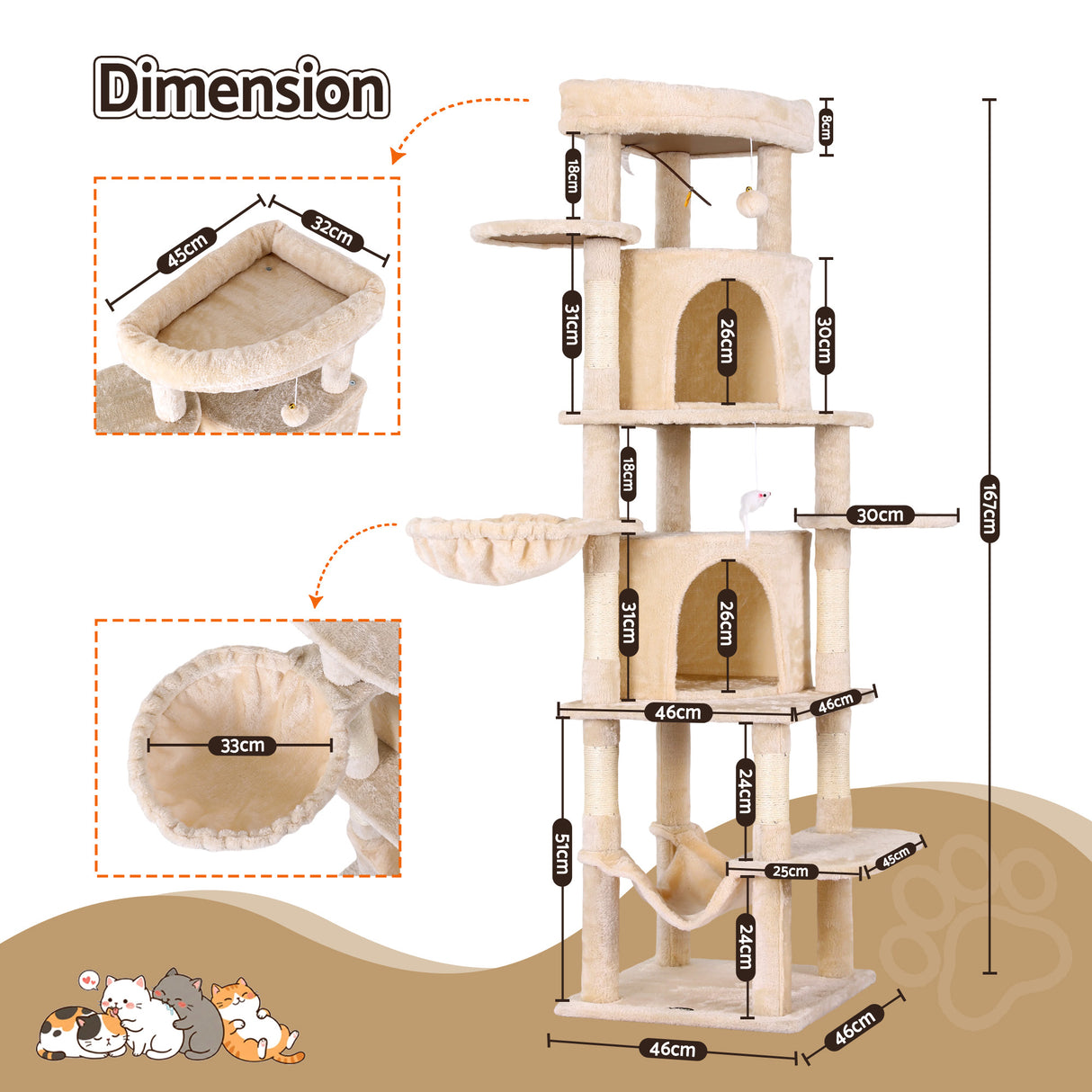i.Pet Cat Tree Tower 167cm - Large Scratching Post Beige