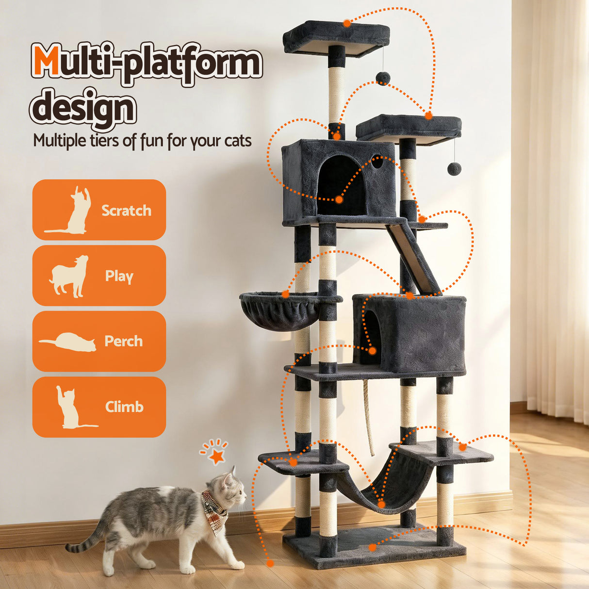 i.Pet Cat Tree Tower 206cm - Large Scratching Post Grey