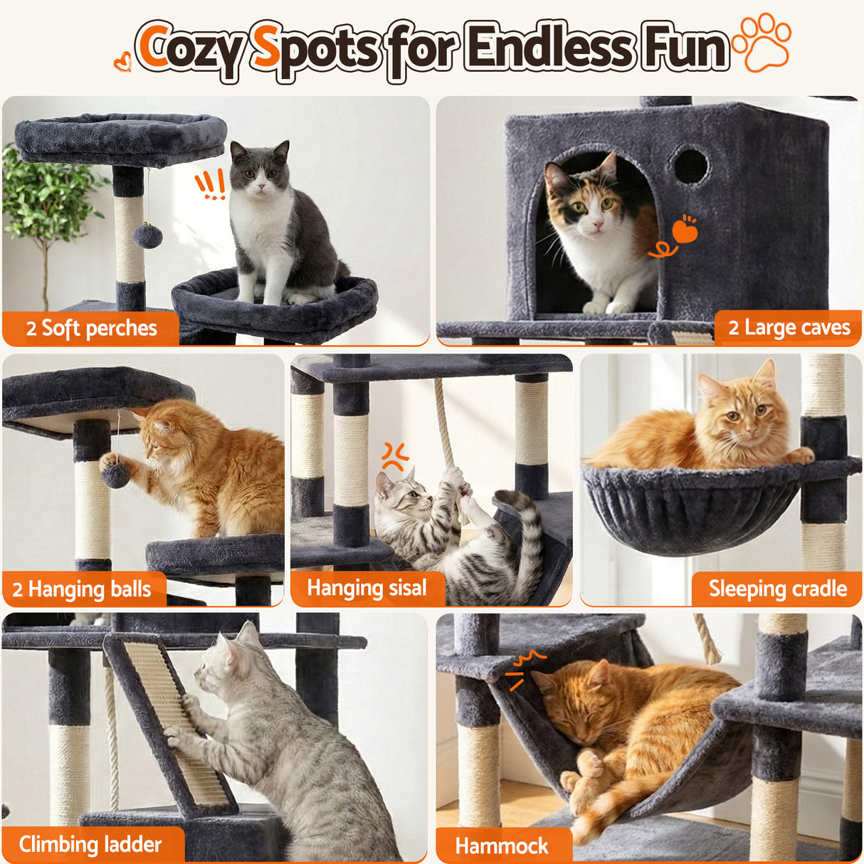 i.Pet Cat Tree Tower 206cm - Large Scratching Post Grey