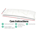 White rectangular body pillow with Eco land pattern measuring 120cm by 36cm and care instructions