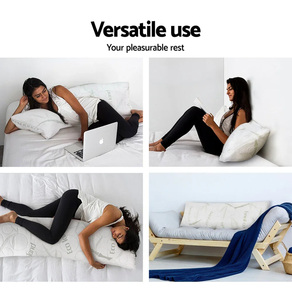 Woman using a versatile white body pillow for resting, reading, sleeping, and couch decor with a blue throw