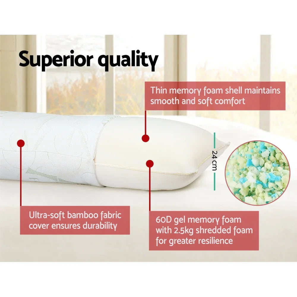 White body pillow with bamboo fabric cover and memory foam core showing foam texture and product features