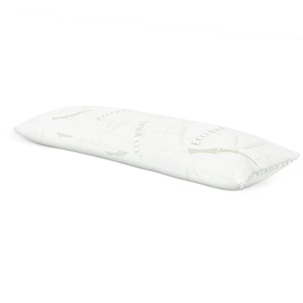 Rectangular white body pillow with eco-friendly text pattern on white background