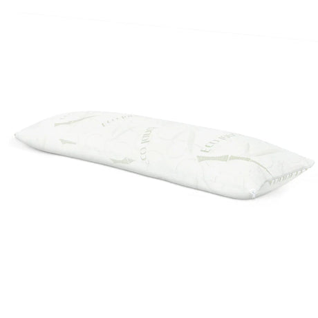 Rectangular white body pillow with eco-friendly text pattern on white background