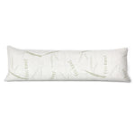 Long white body pillow with green bamboo and Eco Land text pattern on fabric
