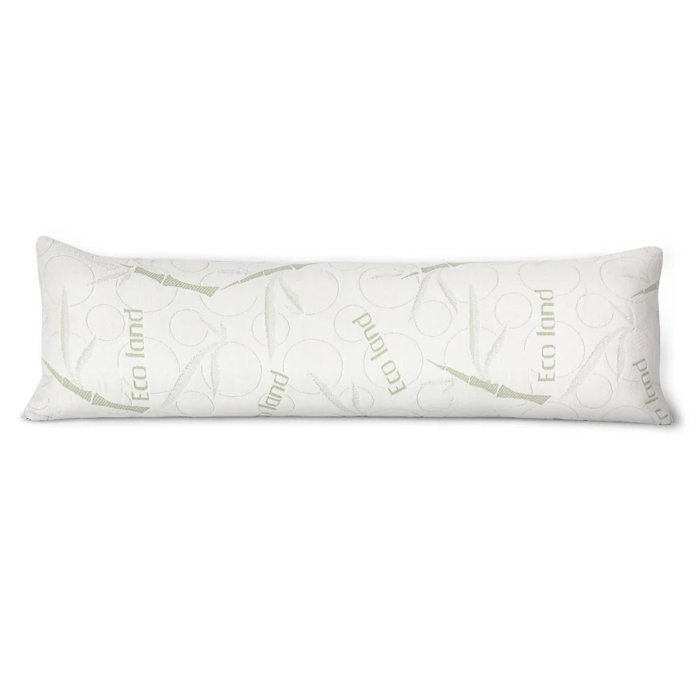 Long white body pillow with green bamboo and Eco Land text pattern on fabric