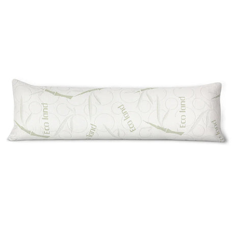 Long white body pillow with green bamboo and Eco Land text pattern on fabric