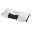 White memory foam orthopedic pillow with ergonomic contour and black support patch