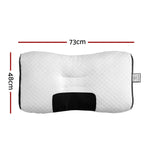 White ergonomic memory foam pillow with black contour, measuring 73cm by 48cm