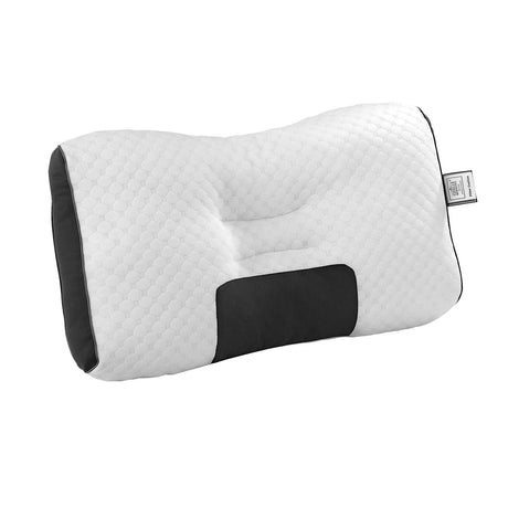 White ergonomic memory foam pillow with black mesh ventilation panel and honeycomb texture