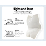 White ergonomic pillow with high-curve 90mm end for back sleepers and low-curve 45mm end for side sleepers