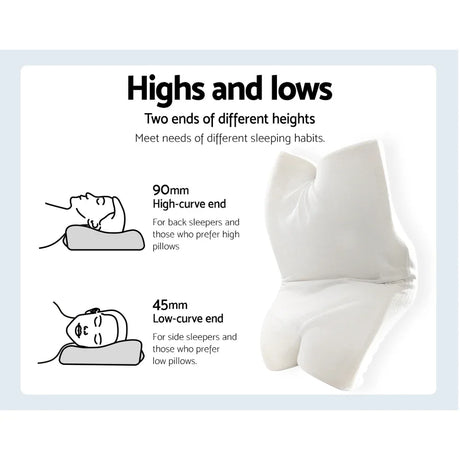 White ergonomic pillow with high-curve 90mm end for back sleepers and low-curve 45mm end for side sleepers