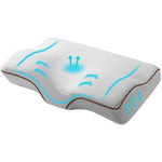 ergonomic white memory foam pillow with breathable mesh cover and airflow arrows