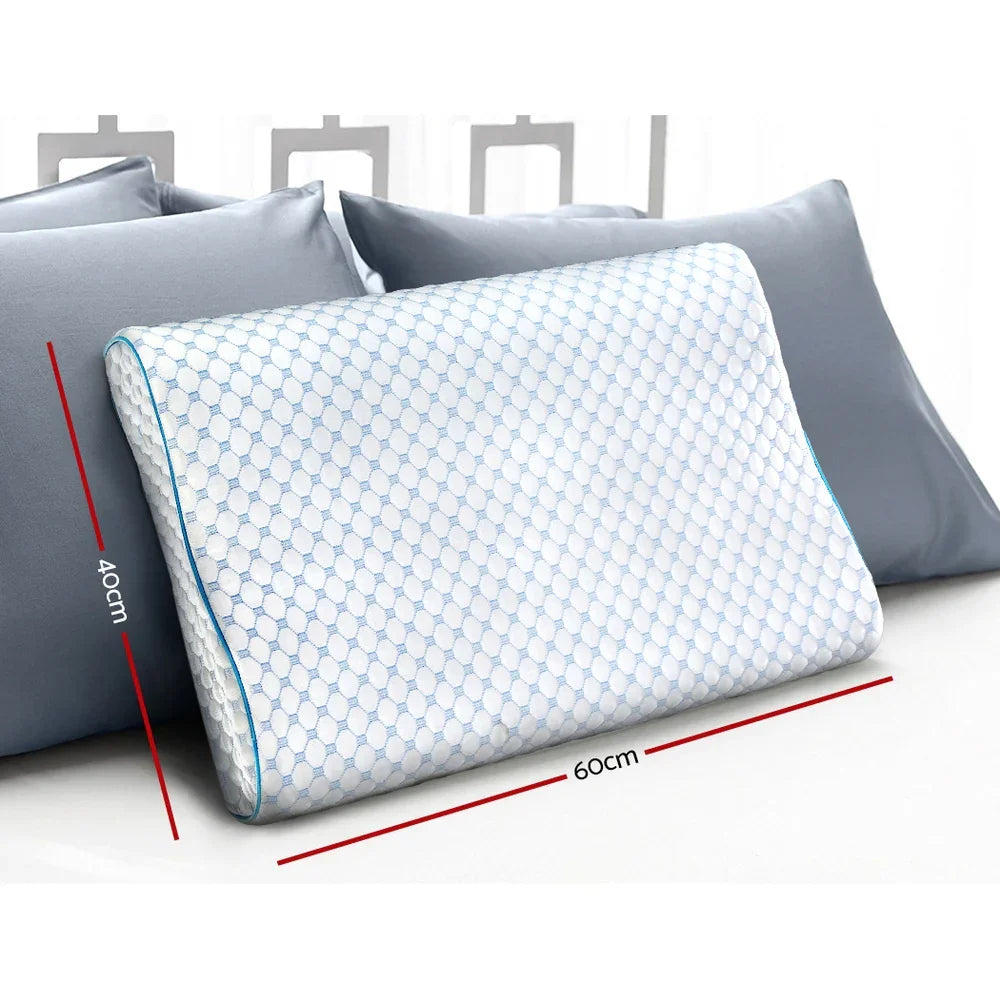 Memory foam pillow with white hexagonal pattern cover, 60x40 cm, on grey cushions