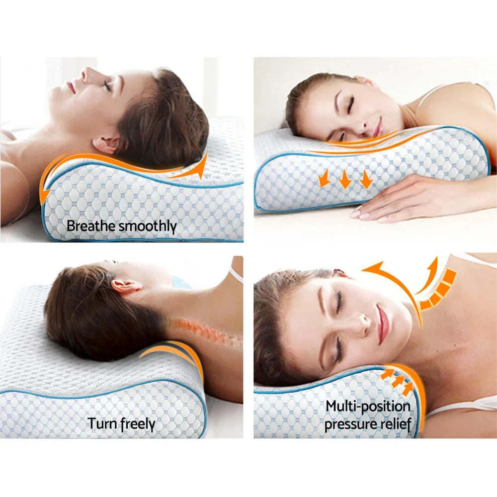 Ergonomic pillow with contour design shown in four images with woman demonstrating smooth breathing, pressure relief, and free neck movement