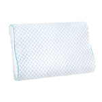 white memory foam contour pillow with blue hexagon pattern and blue piping edge