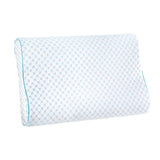 white memory foam contour pillow with blue hexagon pattern and blue piping edge