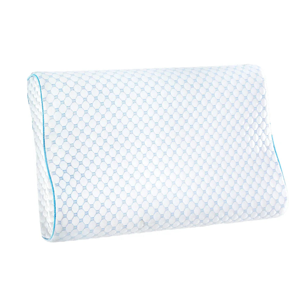 white memory foam contour pillow with blue hexagon pattern and blue piping edge