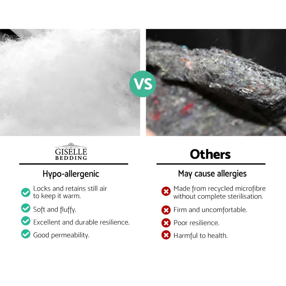 Comparison between Giselle Bedding hypo-allergenic fluffy white pillow filling and firm, rough recycled microfiber filling causing allergies