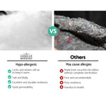 Comparison between Giselle Bedding hypo-allergenic fluffy white pillow filling and firm, rough recycled microfiber filling causing allergies