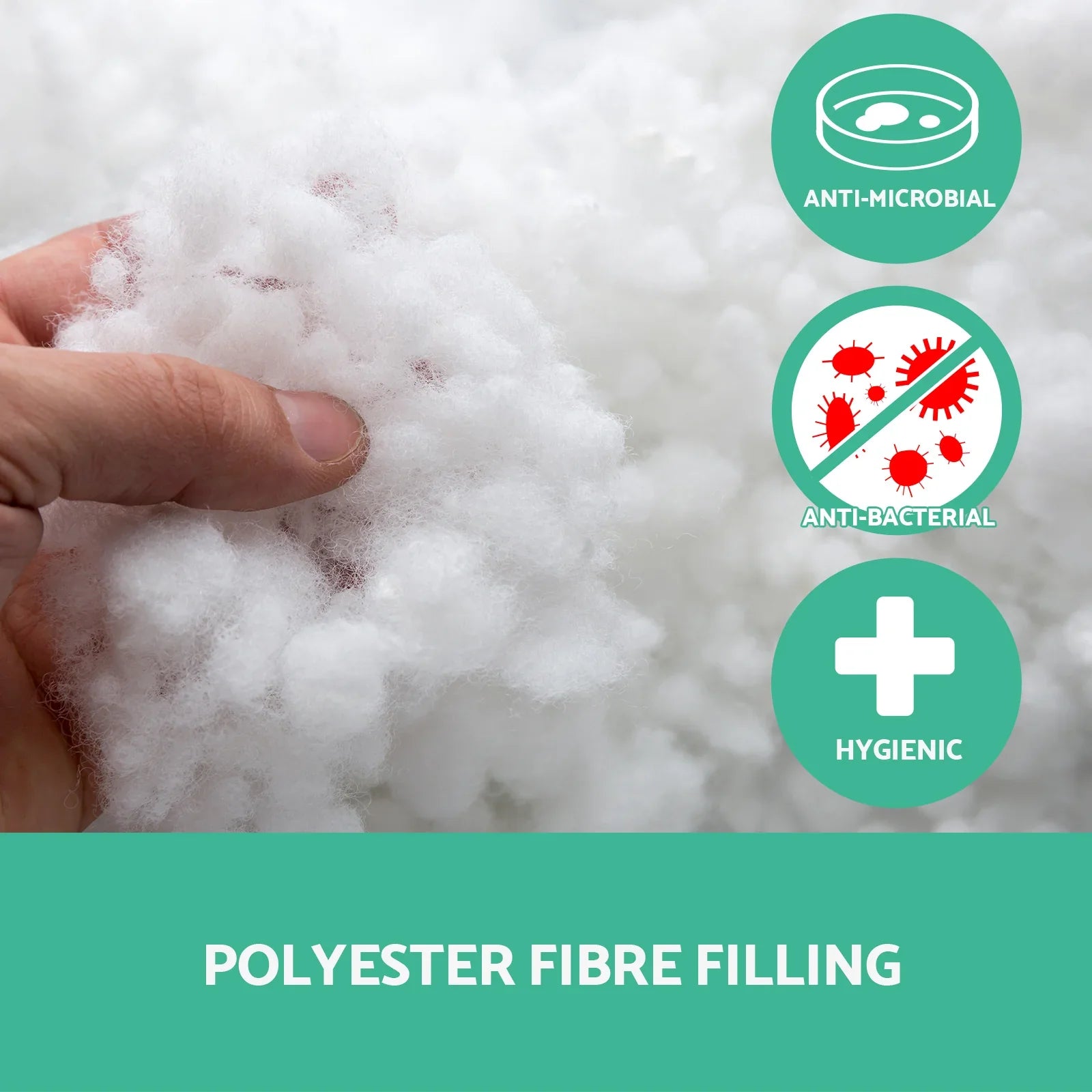 Hand holding soft white polyester fibre filling with anti-microbial, anti-bacterial, and hygienic labels