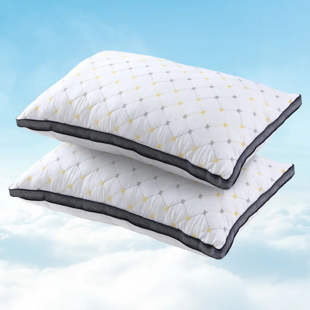 Two white pillows with quilted diamond pattern and black edges floating against a blue sky with clouds
