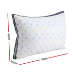 White quilted pillow with gray and yellow diamond pattern, black mesh trim, dimensions 70x45x25 cm